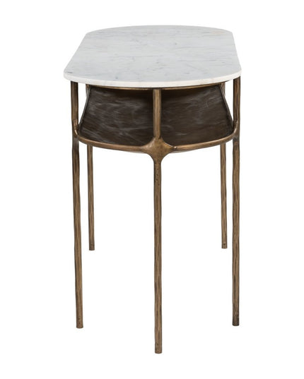 50" White and Brass Genuine Marble and Iron Oval Six Leg Console Table With Shelf