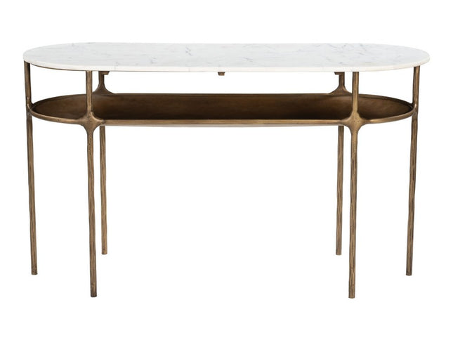 50" White and Brass Genuine Marble and Iron Oval Six Leg Console Table With Shelf
