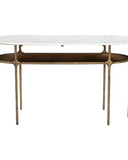 50" White and Brass Genuine Marble and Iron Oval Six Leg Console Table With Shelf
