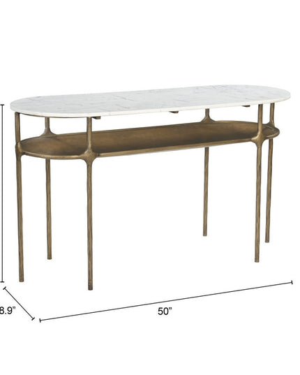 50" White and Brass Genuine Marble and Iron Oval Six Leg Console Table With Shelf