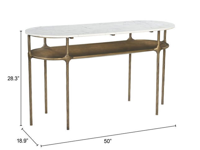 50" White and Brass Genuine Marble and Iron Oval Six Leg Console Table With Shelf
