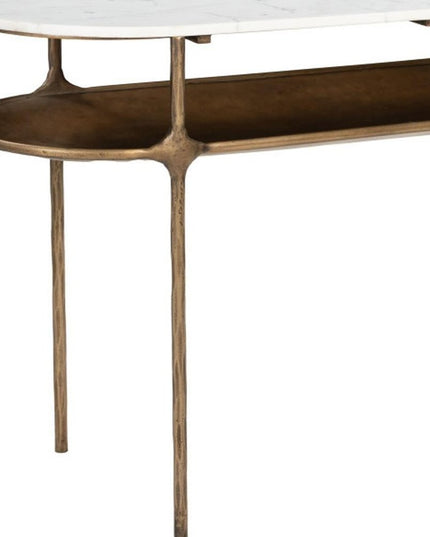 50" White and Brass Genuine Marble and Iron Oval Six Leg Console Table With Shelf