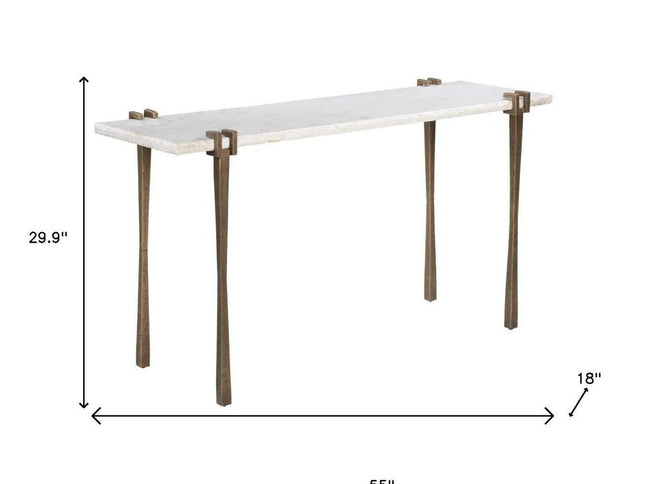 55" White and Bronze Genuine Marble and Iron Console Table