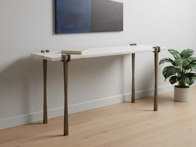 55" White and Bronze Genuine Marble and Iron Console Table