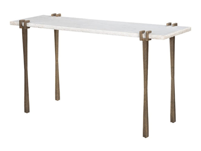 55" White and Bronze Genuine Marble and Iron Console Table