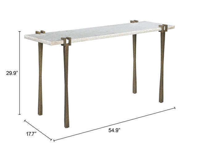 55" White and Bronze Genuine Marble and Iron Console Table