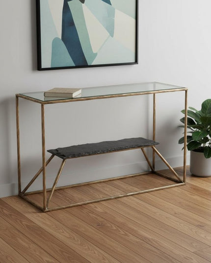 48" Clear and Brass Glass Iron and Stone Frame Console Table With Shelf