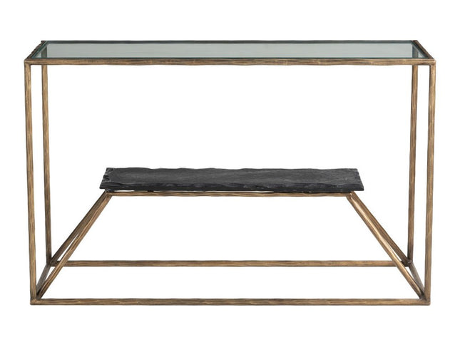 48" Clear and Brass Glass Iron and Stone Frame Console Table With Shelf