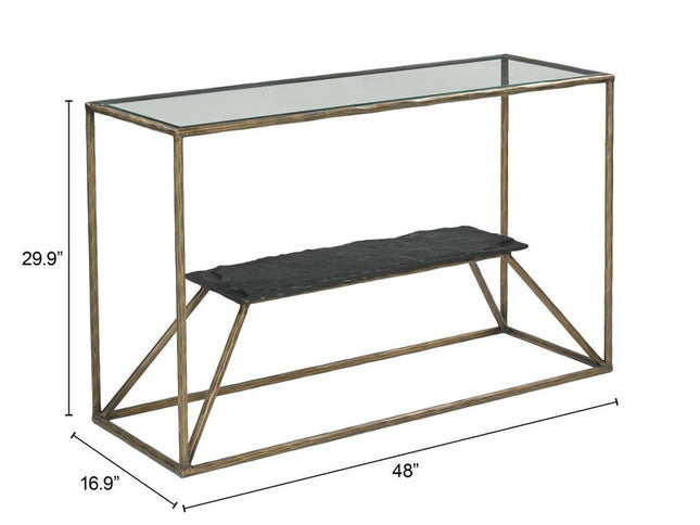 48" Clear and Brass Glass Iron and Stone Frame Console Table With Shelf