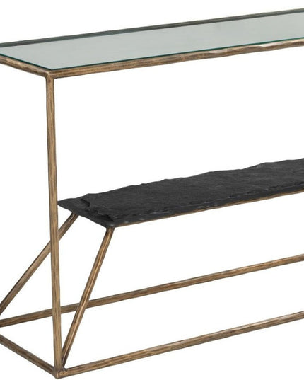 48" Clear and Brass Glass Iron and Stone Frame Console Table With Shelf