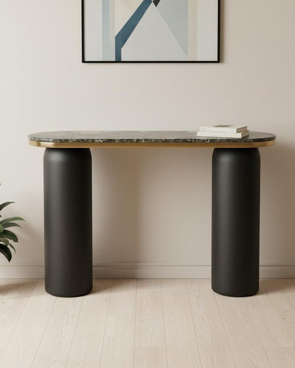 43" Black and Gold Genuine Marble and Steel Double Pedestal Console Table