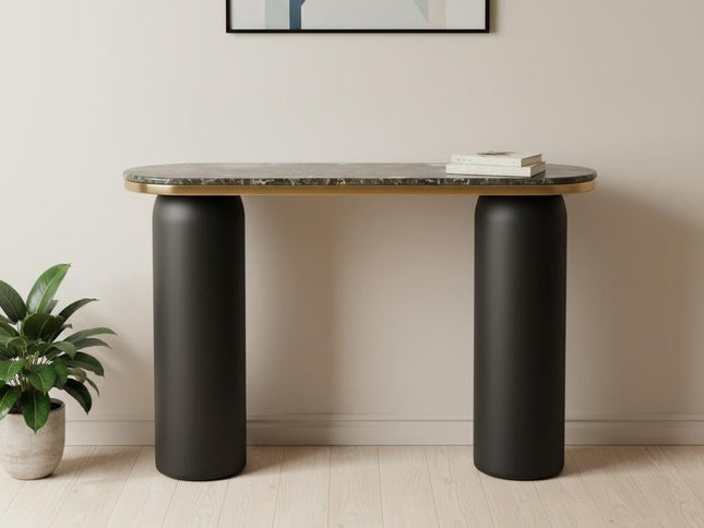 43" Black and Gold Genuine Marble and Steel Double Pedestal Console Table