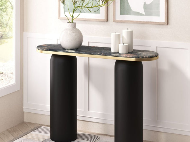 43" Black and Gold Genuine Marble and Steel Double Pedestal Console Table