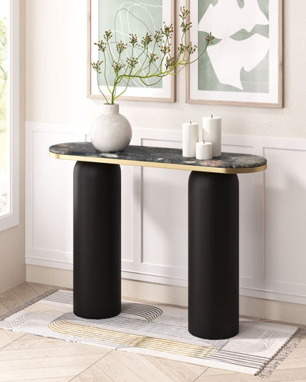 43" Black and Gold Genuine Marble and Steel Double Pedestal Console Table