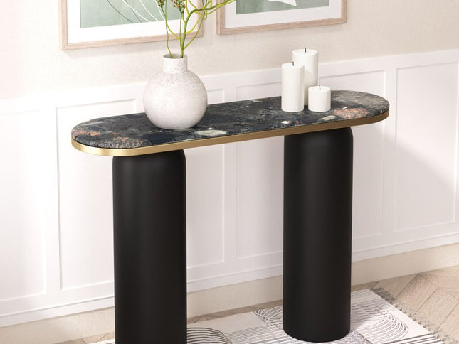 43" Black and Gold Genuine Marble and Steel Double Pedestal Console Table