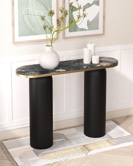 43" Black and Gold Genuine Marble and Steel Double Pedestal Console Table