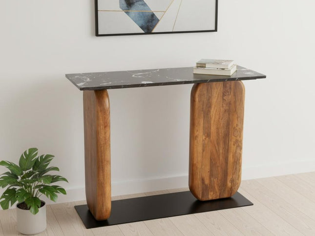 43" Black and Brown Genuine Marble and Solid Wood Solid Console Table