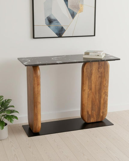 43" Black and Brown Genuine Marble and Solid Wood Solid Console Table