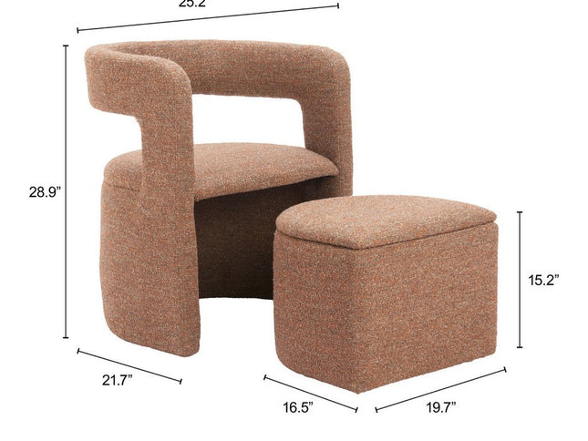 26" Brown Upholstered Arm Chair With Ottoman