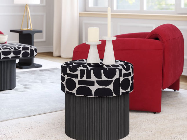20" White and Black Fabric Round Ottoman