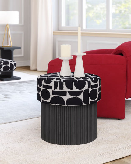 20" White and Black Fabric Round Ottoman