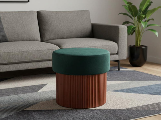 20" Green and Brown Fabric Round Ottoman
