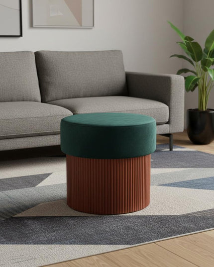 20" Green and Brown Fabric Round Ottoman