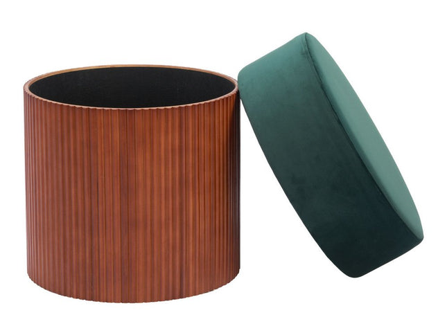 20" Green and Brown Fabric Round Ottoman