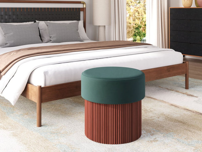 20" Green and Brown Fabric Round Ottoman