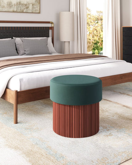 20" Green and Brown Fabric Round Ottoman