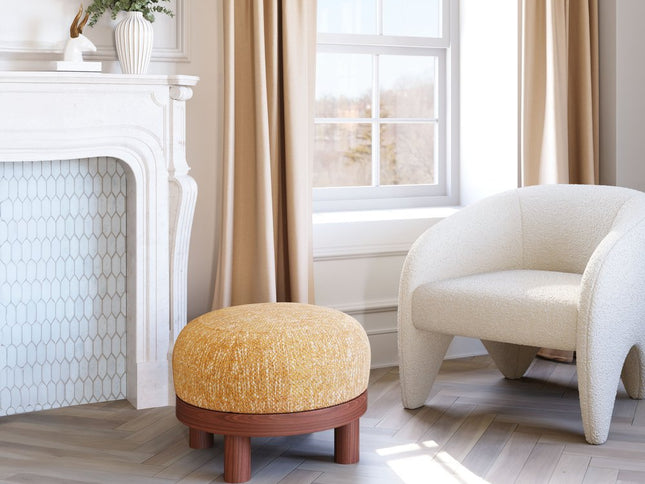 23" Yellow and Brown Fabric Ottoman