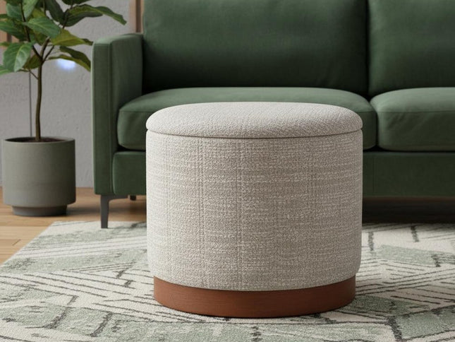 21" Gray and Brown Fabric Round Ottoman With Storage