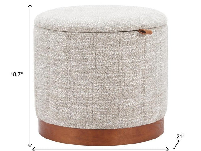 21" Gray and Brown Fabric Round Ottoman With Storage