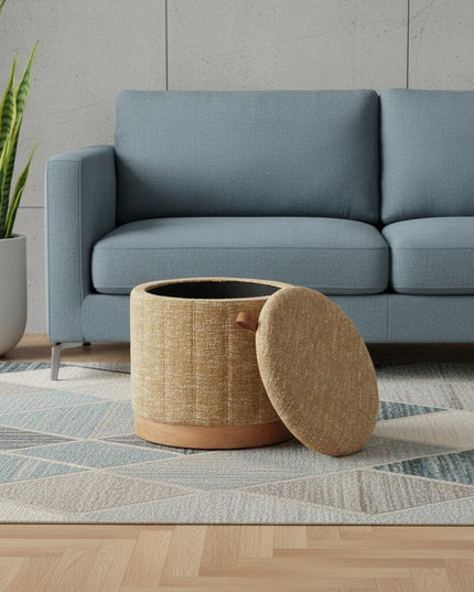 21" Yellow and Natural Fabric Round Ottoman With Storage