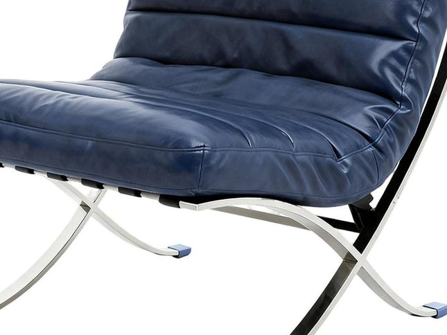 29" Blue and Silver Tufted Leather and Upholstered Folding Lounge Chair