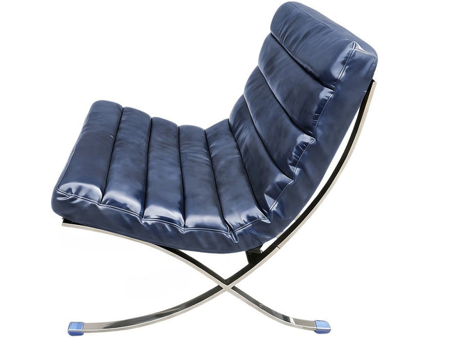 29" Blue and Silver Tufted Leather and Upholstered Folding Lounge Chair