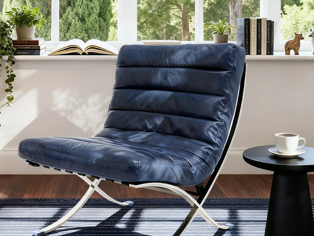 29" Blue and Silver Tufted Leather and Upholstered Folding Lounge Chair