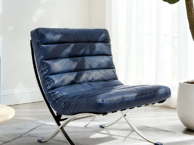 29" Blue and Silver Tufted Leather and Upholstered Folding Lounge Chair