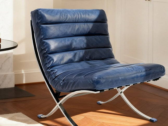 29" Blue and Silver Tufted Leather and Upholstered Folding Lounge Chair