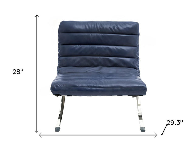 29" Blue and Silver Tufted Leather and Upholstered Folding Lounge Chair