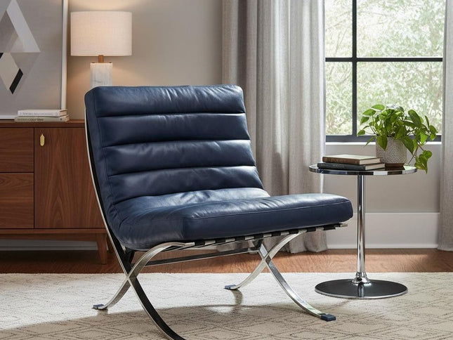 29" Blue and Silver Tufted Leather and Upholstered Folding Lounge Chair