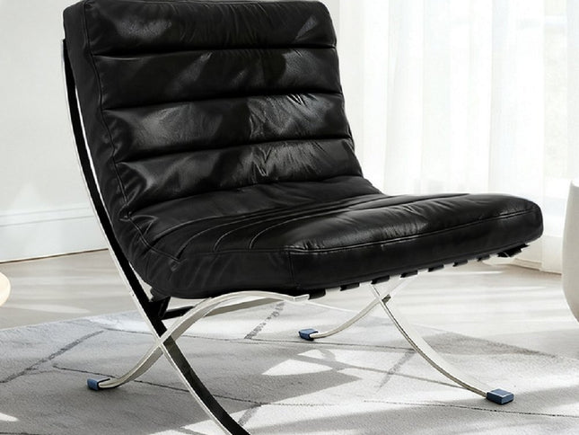 29" Black and Silver Tufted Leather and Upholstered Folding Lounge Chair