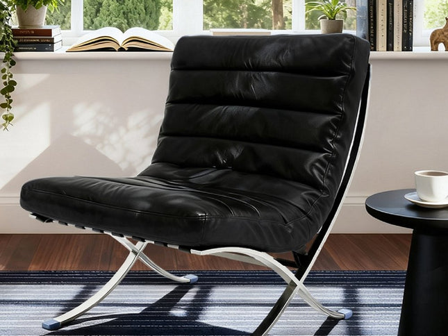 29" Black and Silver Tufted Leather and Upholstered Folding Lounge Chair