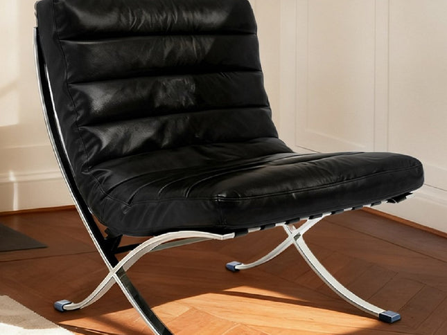 29" Black and Silver Tufted Leather and Upholstered Folding Lounge Chair