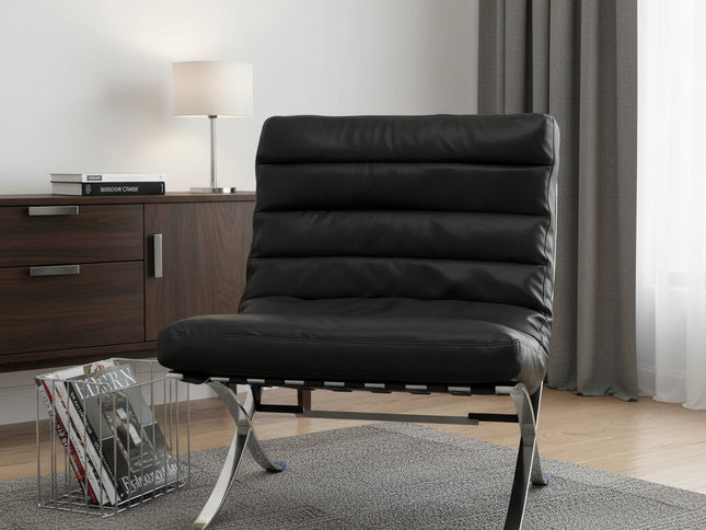 29" Black and Silver Tufted Leather and Upholstered Folding Lounge Chair