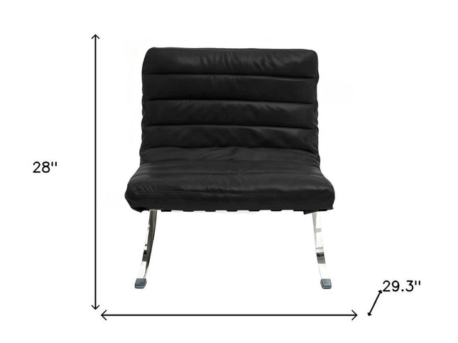 29" Black and Silver Tufted Leather and Upholstered Folding Lounge Chair