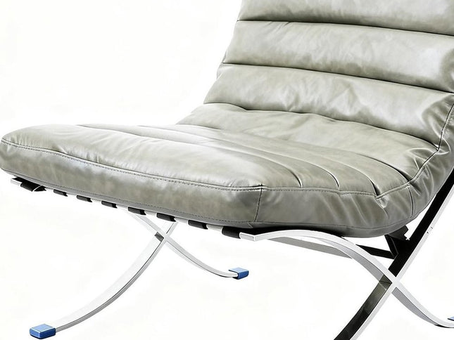 29" Gray and Silver Tufted Leather and Upholstered Folding Lounge Chair