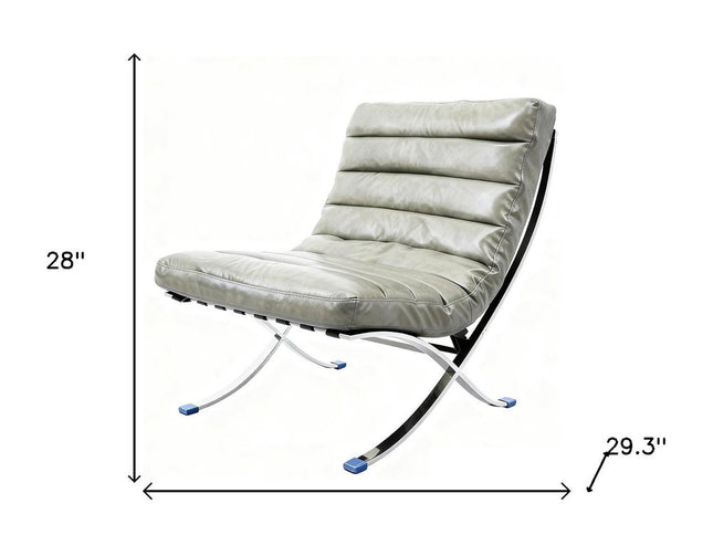 29" Gray and Silver Tufted Leather and Upholstered Folding Lounge Chair