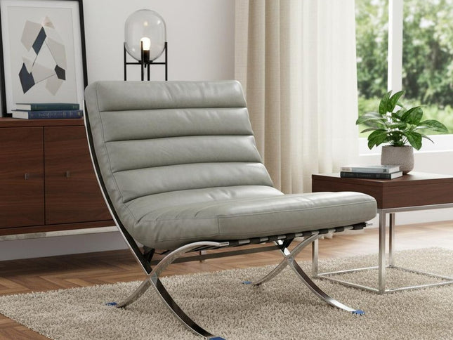 29" Gray and Silver Tufted Leather and Upholstered Folding Lounge Chair