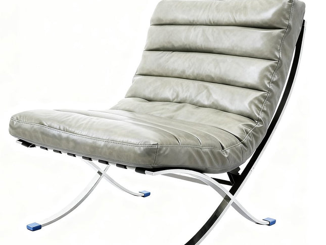 29" Gray and Silver Tufted Leather and Upholstered Folding Lounge Chair